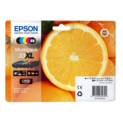 Epson Orange Multipack 5-Colours 33xl Claria Premium Ink - Originální - Inkoust Na Bázi Barviva / Pigmužitu - Černá - Azurová - Purpurová - Fotografická Černá - Žlutá - Epson - - Expression Premium Xp-900 - Expression Premium Xp-830 - Expression Premium X