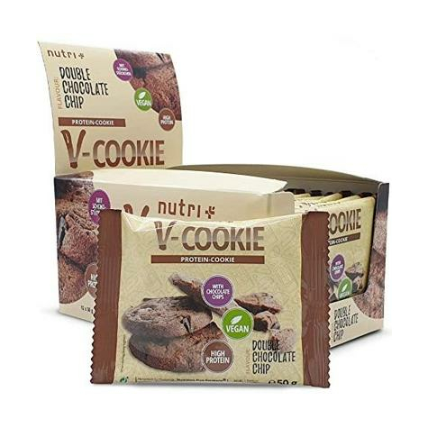 Nutri+ Veganské V-Cookies, 12 X 50 G Proteinových Sušenek, Dvojitá Čokoláda S Kousky
