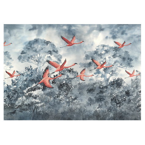Non-Woven Wallpaper - Flamingos In The Sky - Size 400 X 280 Cm
